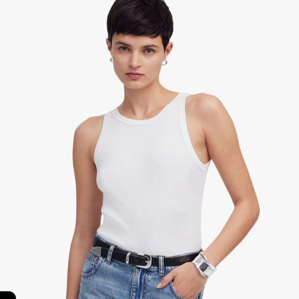 Madewell Women's XXS Supima Cotton Brightwell High Neck Tank Rib White‎ NWT